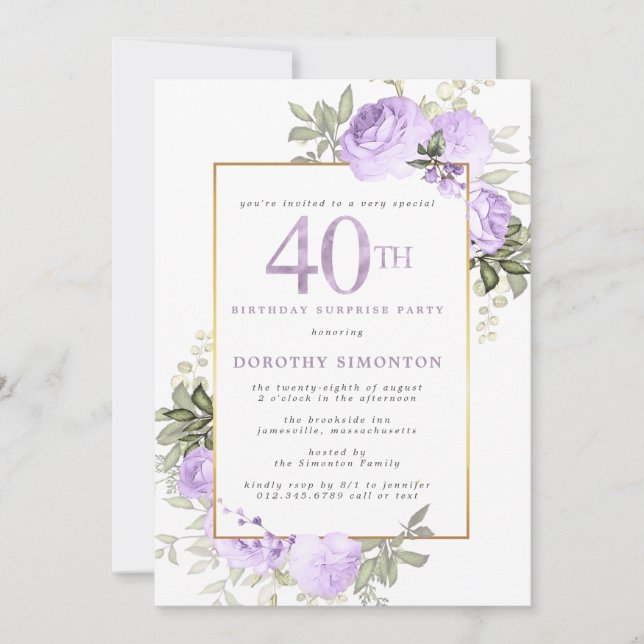 Invitation Purple Gold Floral 40e anniversaire Surprise Party (Devant)