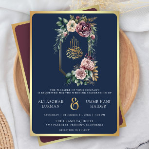 Invitation Purple Gold Floral Crest Marine bleu Mariage musul