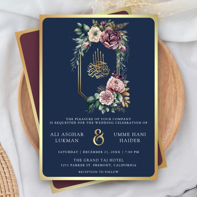 Invitation Purple Gold Floral Crest Marine bleu Mariage musul (Créateur téléchargé)