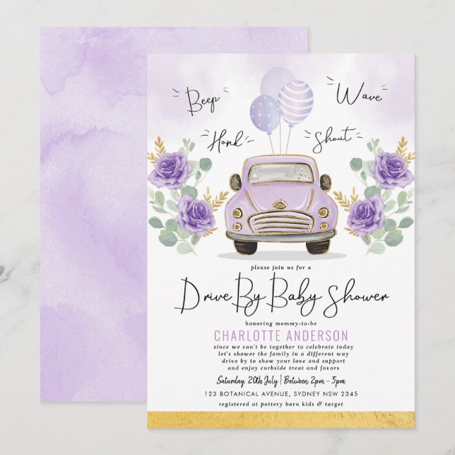 Invitation Purple Gold Floral Drive Par Baby shower Parade (Devant / Derrière)