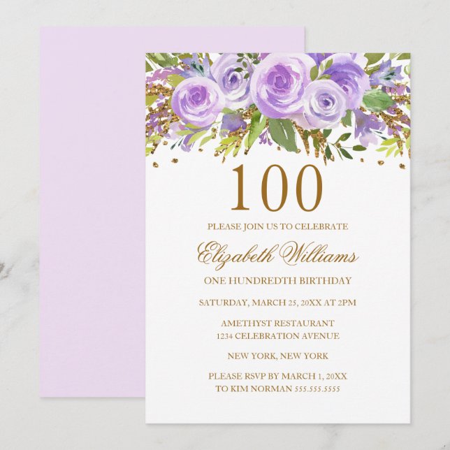 Invitation Purple Gold Floral Rose 100e anniversaire (Devant / Derrière)