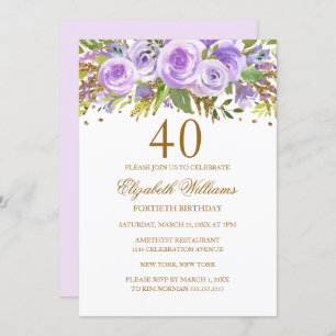Invitation Purple Gold Floral Rose 40e anniversaire