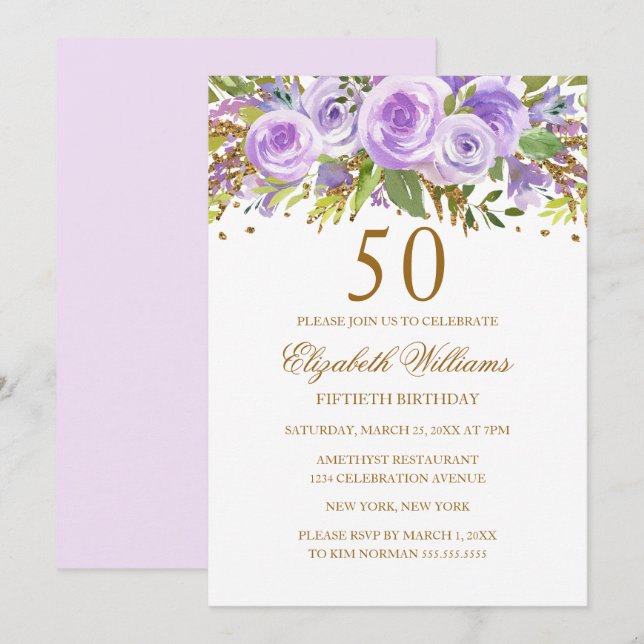 Invitation Purple Gold Floral Rose 50e anniversaire (Devant / Derrière)
