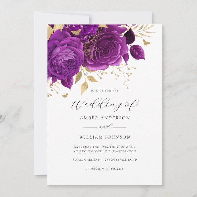 Invitation Purple Gold Floral Rose Wedding   (Devant)