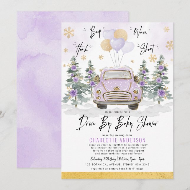Invitation Purple Gold Floral Winter Drive Par Baby shower (Devant / Derrière)
