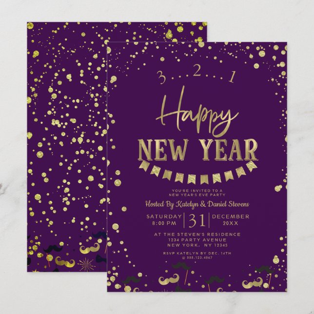 Invitation Purple & Gold Foil Confetti fête de la Saint-Sylve (Devant / Derrière)