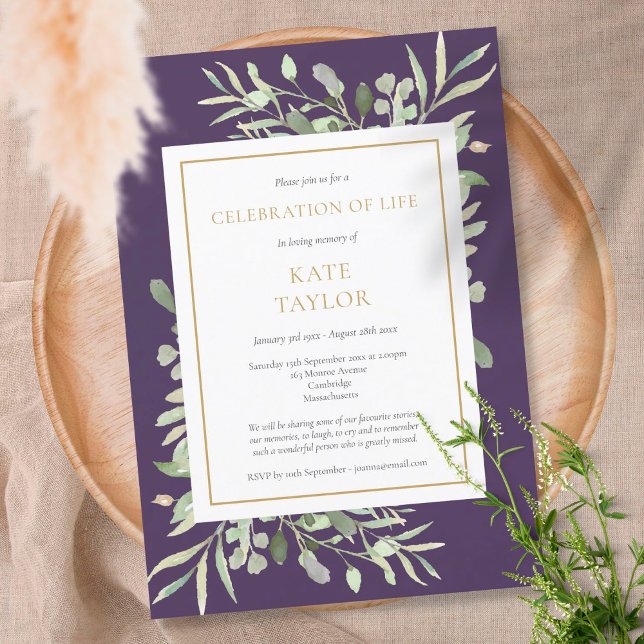 Invitation Purple Gold Greenery Funeral Celebration of Life (Créateur téléchargé)