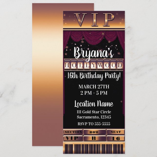 Invitation Purple Gold HOLLYWOOD Anniversaire VIP Ticket (Devant / Derrière)