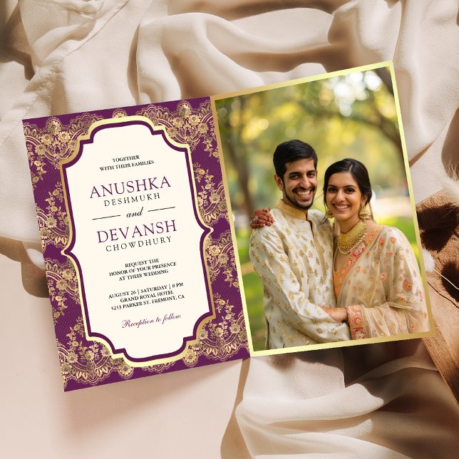 Invitation Purple Gold Lace QR Code Photo Mariage indien (Créateur téléchargé)