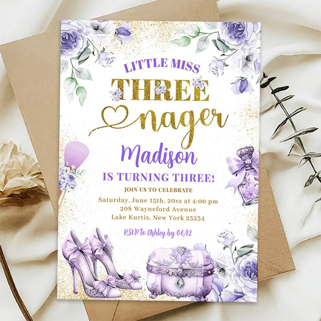 Invitation Purple Gold Little Miss Threenager Troisième anniv (Créateur téléchargé)