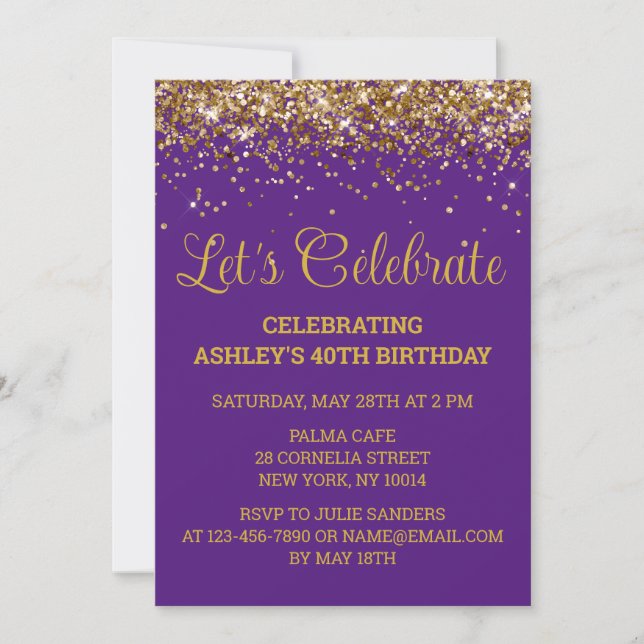 Invitation Purple Gold Parties scintillant 40e anniversaire F (Devant)