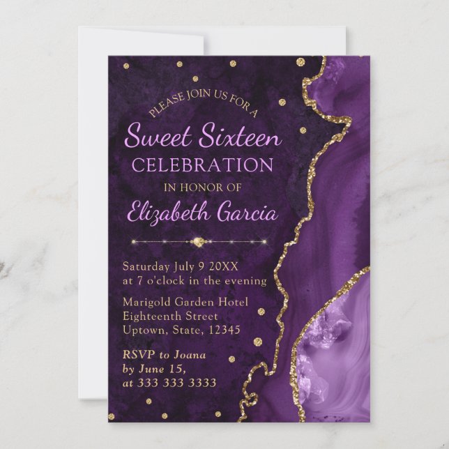 Invitation Purple & Gold Parties scintillant Agate et marbre  (Devant)