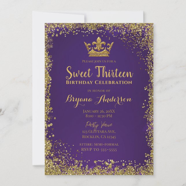 Invitation Purple & Gold Parties scintillant Couronne Sweet 1 (Devant)
