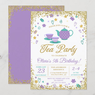 Invitation Purple Gold Parties scintillant Tea Party Filles A