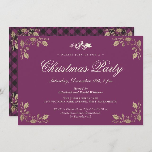 Invitation Purple Gold Plaid Fête de Noël (Devant / Derrière)