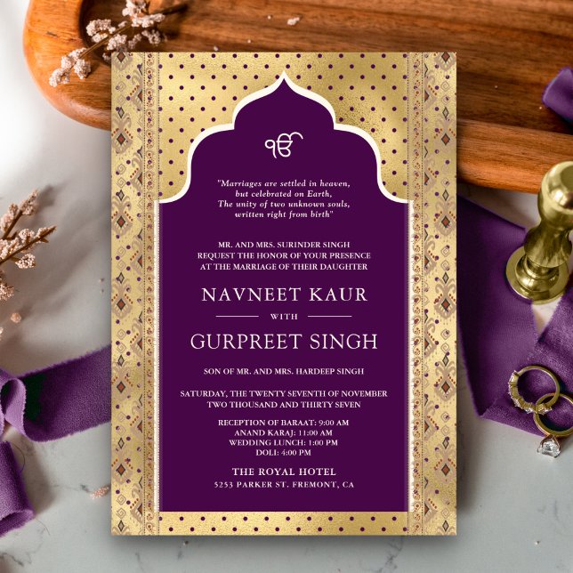 Invitation Purple Gold QR Code Anand Karaj Sikh Mariage (Créateur téléchargé)