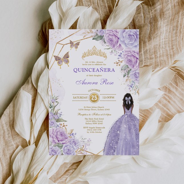 Invitation Purple Gold Quinceañera Brown peau de la fête papi (Créateur téléchargé)