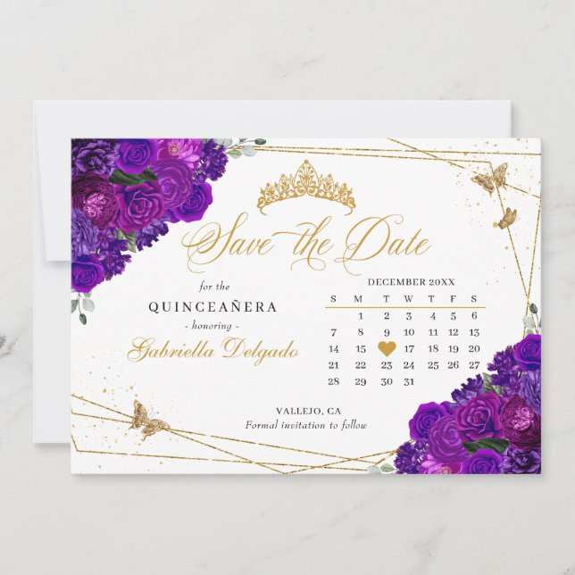 Invitation Purple & Gold Quinceañera Enregistrer La Date (Devant)