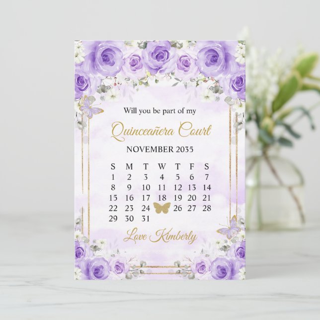 Invitation Purple Gold Quinceañera Papillon Rose Anniversaire (Debout devant)