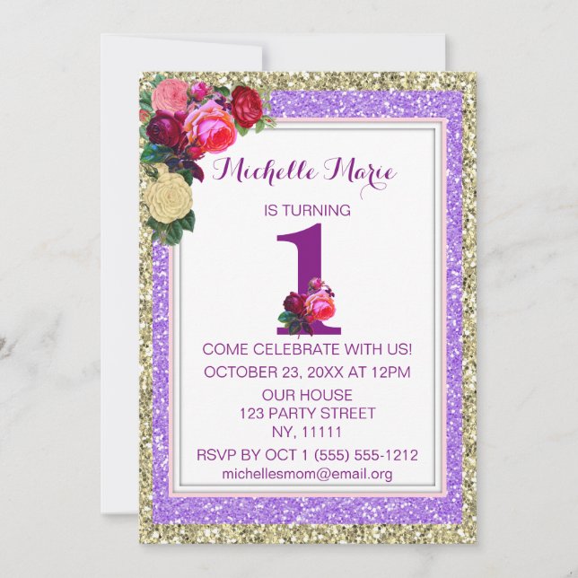 Invitation Purple Gold Rose Faux Parties scintillant Premier  (Devant)