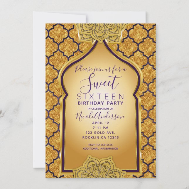 Invitation Purple & Gold Royal Indian Arabian Sweet 16 Party (Devant)