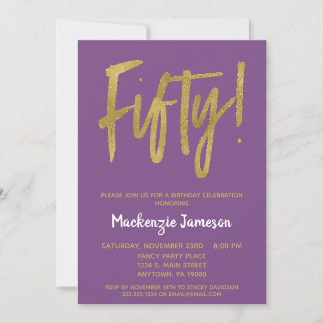 Invitation Purple Gold Script 50e Anniversaire Fête Invitatio (Devant)