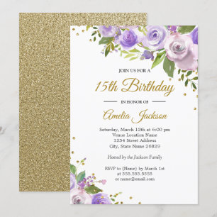 Invitation Purple Gold Sparkle Floral 15e anniversaire Invita