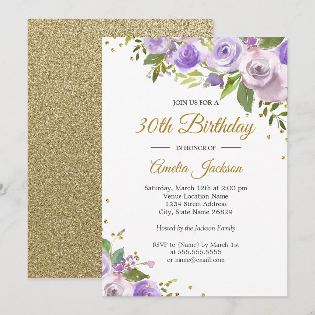 Invitation Purple Gold Sparkle Floral 30e anniversaire Invita (Devant / Derrière)