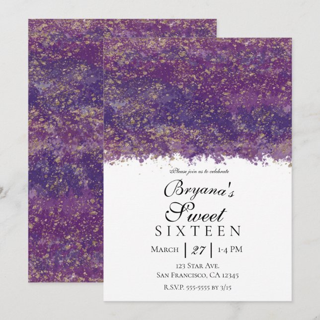 Invitation Purple Gold Splatter moderne Glam Sweet 16 Partie (Devant / Derrière)