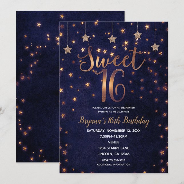 Invitation Purple & Gold Stars Celestial Sky Sweet 16 Party (Devant / Derrière)