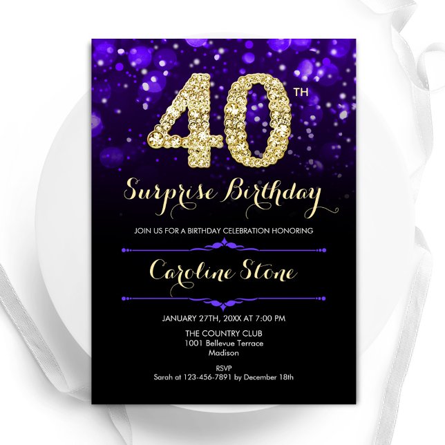 Invitation Purple Gold Surprise 40e anniversaire (Créateur téléchargé)