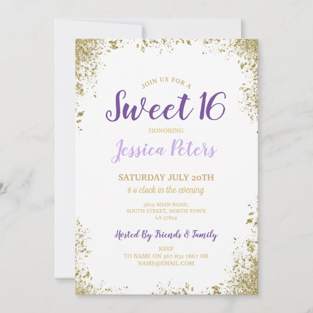 Invitation Purple & Gold Sweet 16 Party élégant Anniversaire (Devant)