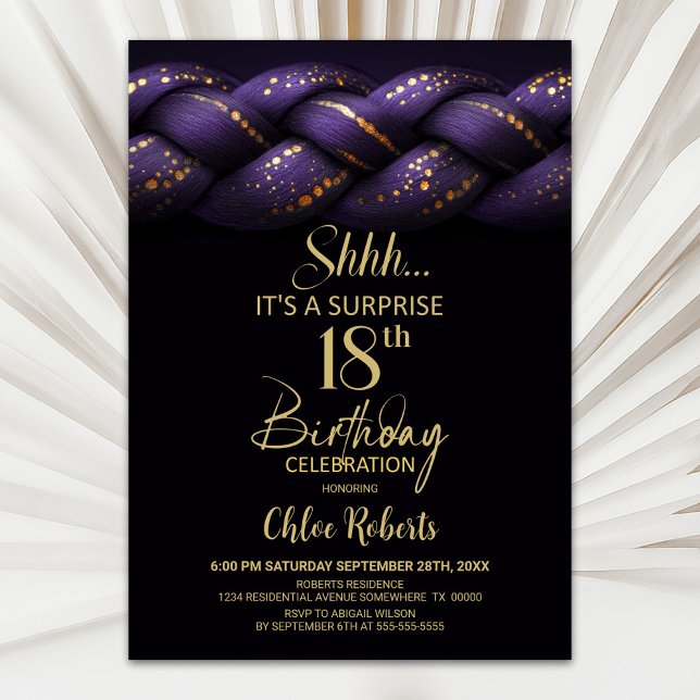 Invitation Purple Gold tresse Surprise 18e fête d'anniversair (Créateur téléchargé)