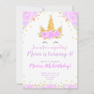 Invitation Purple Gold Unicorn visage Floral Anniversaire de