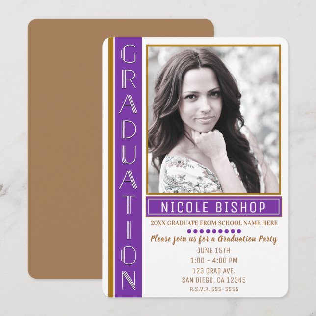 Invitation Purple Gold White Graduate Party Photo (Devant / Derrière)