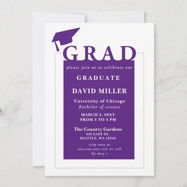 Invitation Purple Grad Moderne Minimaliste Graduation (Devant)