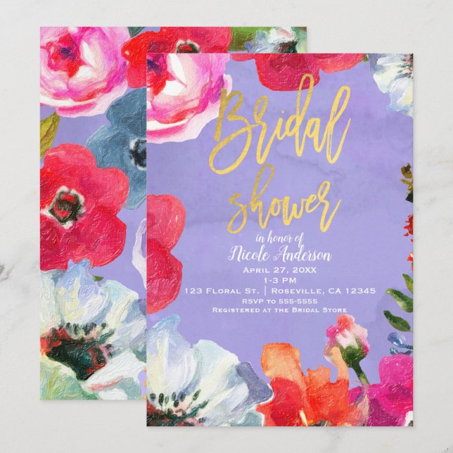 Invitation Purple Gras Peint Floral Pop Gold Fête des mariées (Devant / Derrière)