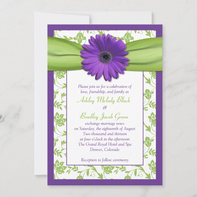 Invitation Purple Green Daisy Mariage damassé (Devant)