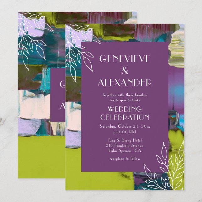 Invitation Purple Green Peint Abstrait Floral Mariage (Devant / Derrière)