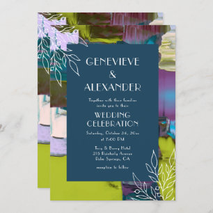 Invitation Purple Green Peint Abstrait Floral Mariage