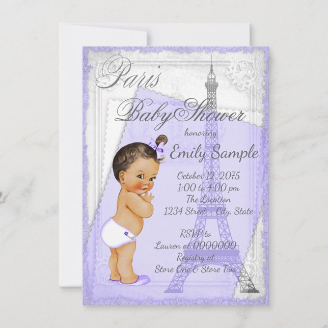 Invitation Purple Grey Baby shower Vintage Paris (Devant)