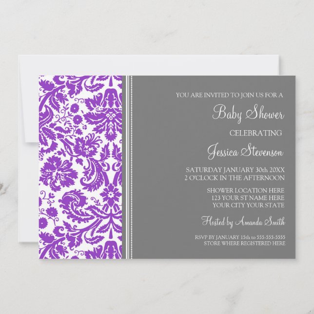 Invitation Purple Grey Damask Personnalisé Baby Shower Invita (Dos)