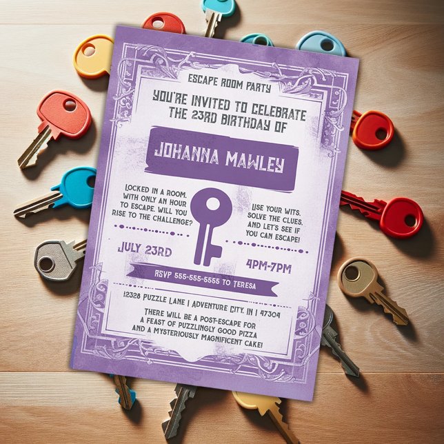 Invitation Purple Grunge Escape Room clé fête d'anniversaire (Créateur téléchargé)