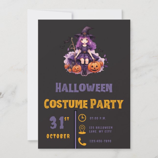 Invitation Purple Haired Witch et Citrouille Black Halloween (Devant)