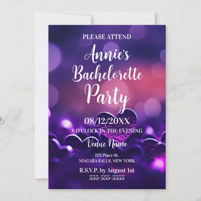 Invitation Purple Hearts Bokeh Bachelorette Party (Devant)