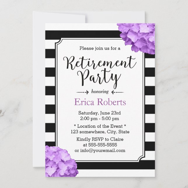 Invitation Purple Hydrangea Floral Moderne Stripes Retraite (Devant)
