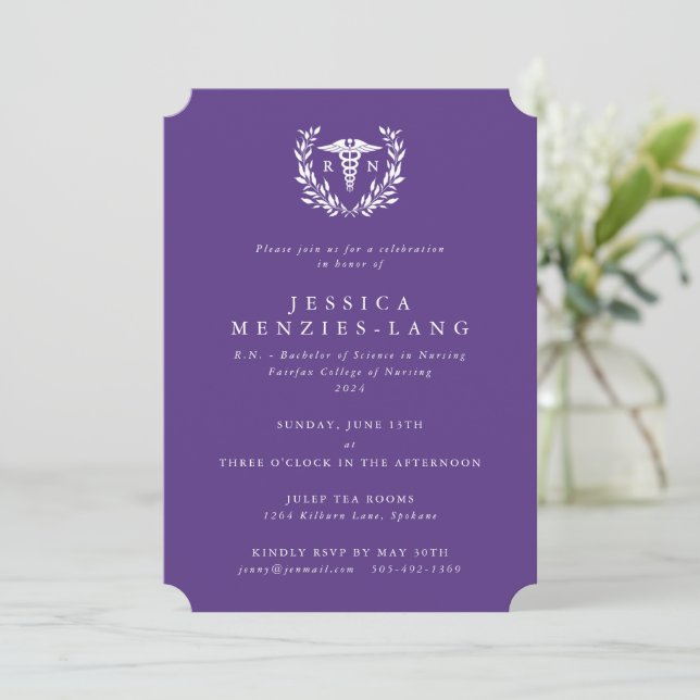 Invitation Purple Infirmière inscrite Caduceus+Laurel Wreath (Debout devant)