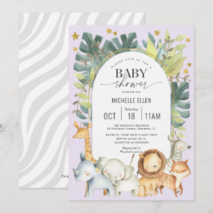 Invitation Purple jungle animaux mignon bébé fille douche