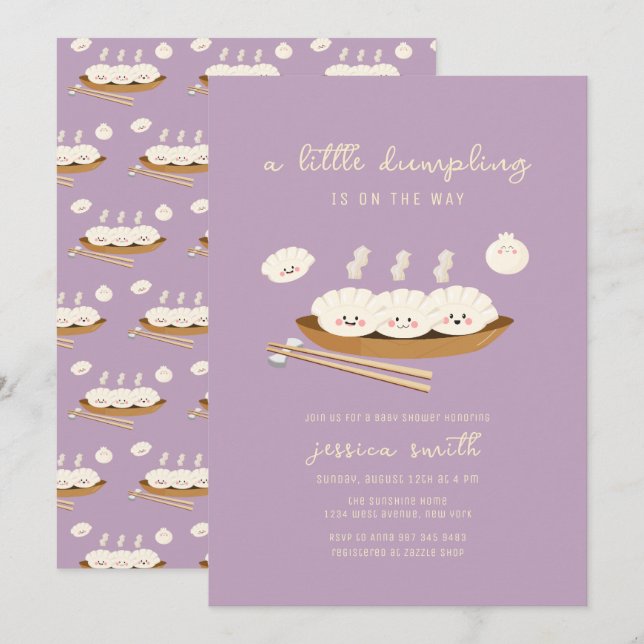 Invitation Purple Kawaii Stream Bao Dumpling Baby Shower  (Devant / Derrière)
