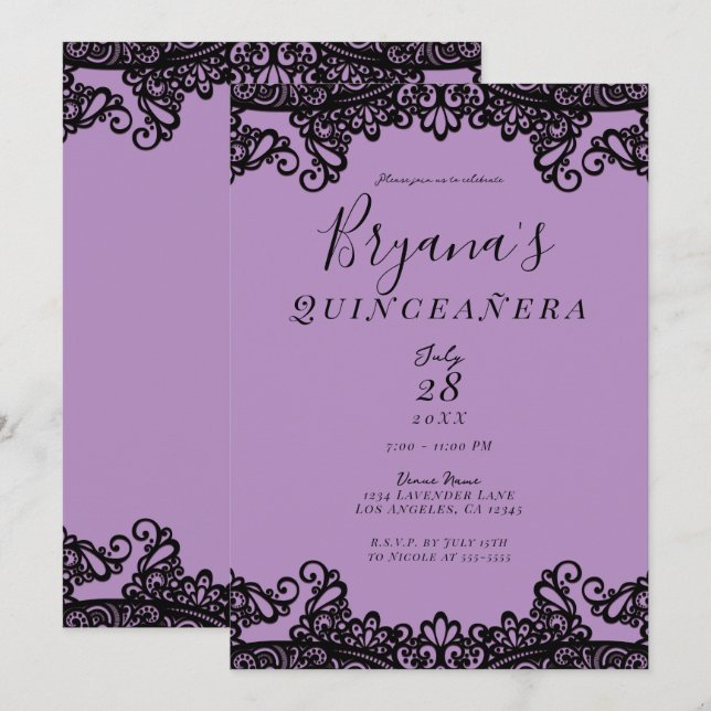 Invitation Purple Lavande et Black 15ème Quinceañera Party (Devant / Derrière)